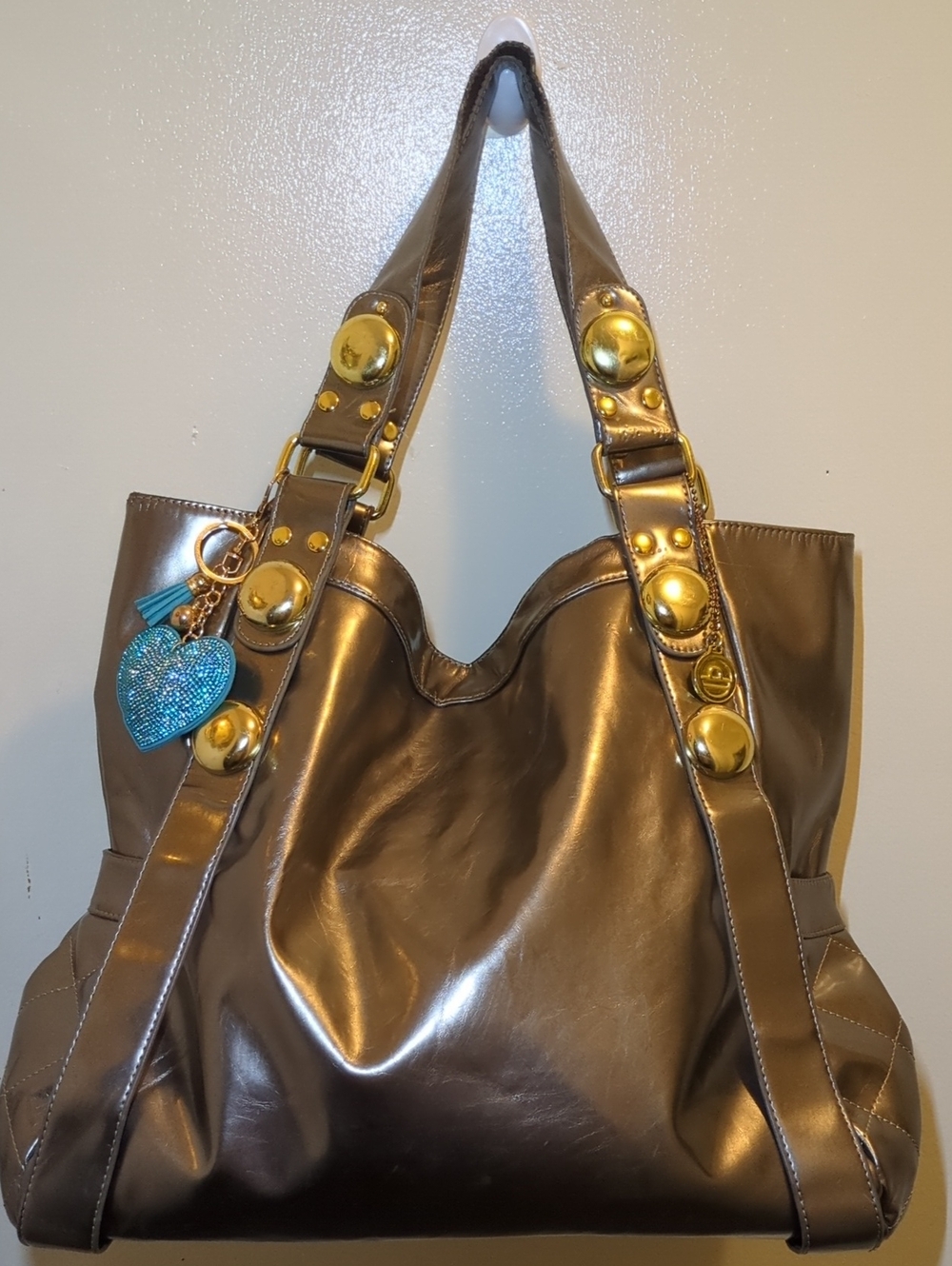 Big Buddha Brown Tote with Gold Studs and Turquoise Charm NOW ONLY $65